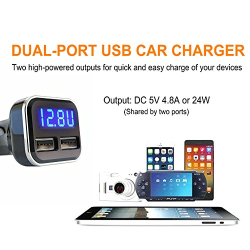 2 Pack Jebsens 4.8A 24W Dual USB Car Charger Volt Meter Car Battery Monitor with LED Voltage & Amps Display, for iPhone 7 / 6s / Plus, iPad Pro/Air 2 / Mini, Galaxy S7 / S6 / Edge/Plus, Note 5/4