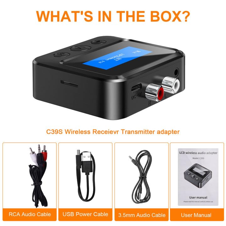 Bluetooth Transmitter Receiver for TV, Bluetooth Receiver for Home Stereo with RCA 3.5mm AUX & Display, Music Audio Adapter for Headphones/Speakers/Airplane/Home Theater/PC/Car, with TF Card Output
