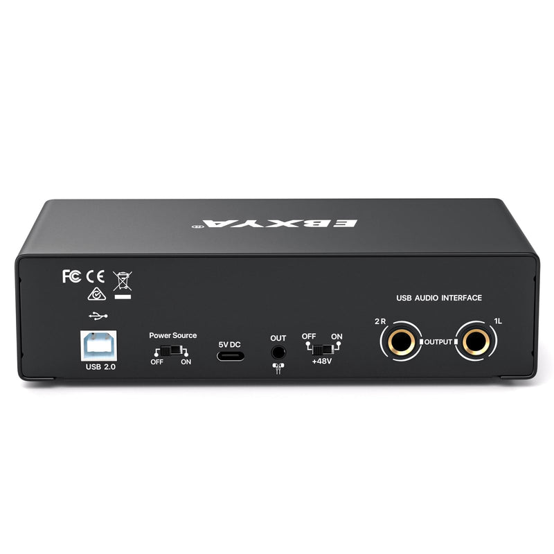 EBXYA 2i2 USB Audio Interface for PC Recording, 24-bit/192kHz Plug and Play USB Interface +48V Phantom Power for Music, Studio, Guitar, Podcast, Streaming No Software Included(Metallic Black) Audio Interface-Black