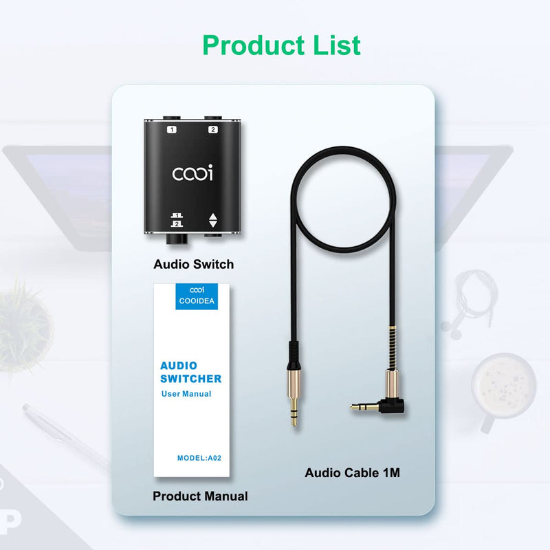 3.5mm Stereo Audio Switcher（1 in 2 Out /2 in 1 Out） with 3.5mm Audio Cable, 2 Ports AUX Audio Speaker Selector for PC Phone Laptop Headphone
