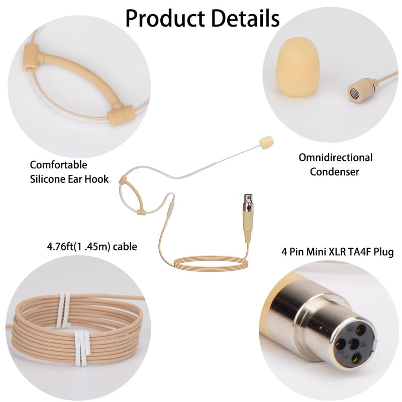 YXG Headworn Earset Over Ear Hanging Mic Beige Low Profile Light-Weight Microphone Compatible with Shure Wireless System Bodypack Transmitter with 1.45m Cable Mini XLR 4 Pin TA4F Plug
