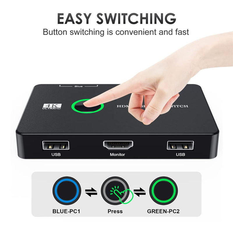 KVM USB 2.0 & HDMI 4K Switch Selector Dual PCs Sharing Monitor HDTV USB Port Keyboard Mouse Scanner Printer KVM USB 2.0 & HDMI Switch
