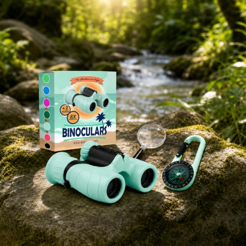 Binoculars for Kids – Perfect Toy for Little Boys and Girls – Extensive Set Incl. Magnifying Glass & Compass – Powerful Magnification 8X21 – 3 to 12 Year Old Kids for Toddler Mint Green