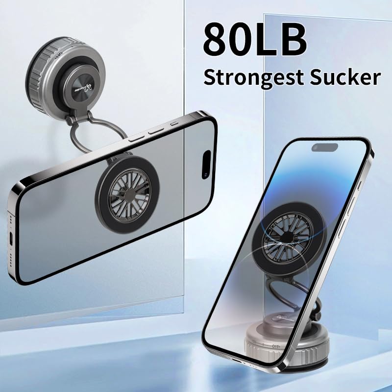 【Upgraded】 Vacuum Magnetic Suction Car Phone Holder, 360° Rotatable Suction Cup Phone Mount, for Smooth Surfaces; Compatible with iPhone/Android; Includes Magnetic Ring