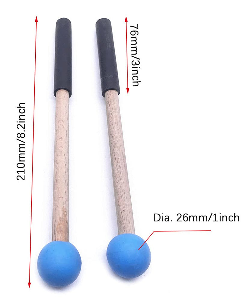 8 Inch Rubber Head Percussion Mallets Sticks for Tongue Drum, Xylophone,Glockenspiel, Woodblock, Bell Pack of 2 Blue