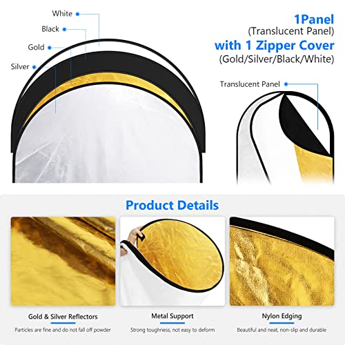 NEEWER 24"x36"/60x90cm Light Reflectors for Photography, Portable 5 in 1 Collapsible Multi Disc with Bag - Translucent, Silver, Gold, Black, White Diffuser for Studio and Outdoor Lighting 24" x 36"