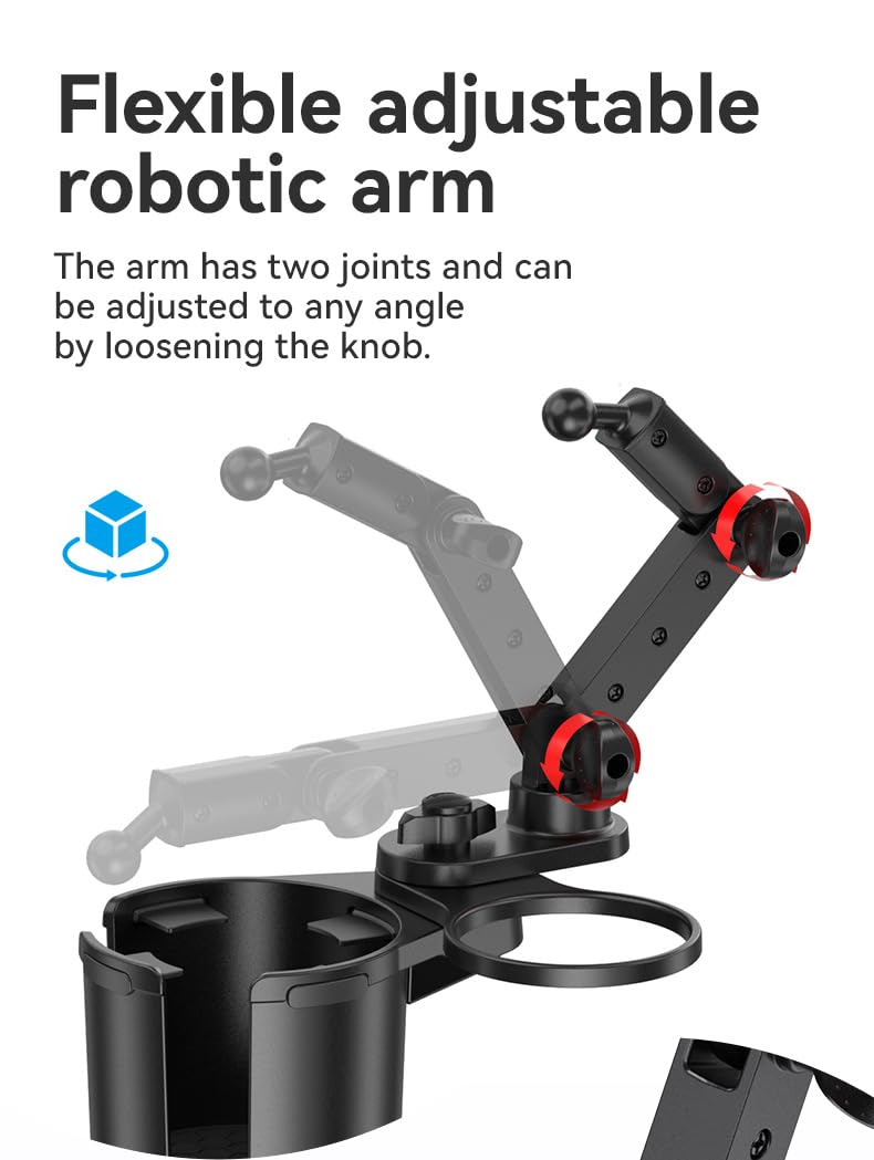 Car Phone Holder with Cup Holder Mount, 2 in 1 Universal Cup Holder Expander Adjustable Base with Phone Mount, Long Adjustable Arm with 360°Rotation Cup Holder ，Compatible with All Smartphones，Black
