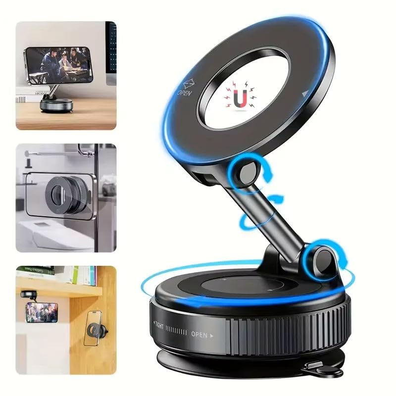 Magnetic Car Phone Holder for MagSafe, 360° Ajustable Vacuum, Hand Free, with Heavy Duty Magnet, Suction Cup Phone Mount for Car, Compatible with All Smartphones