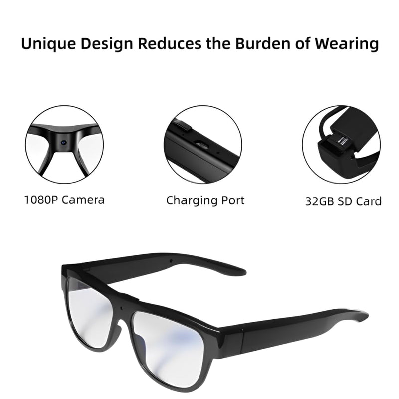 1080P Camera Glasses with 32GB Storage, No Bluetooth, No App, No AI | HD Video Recording Glasses for Outdoor Sports, Cycling, and Travel