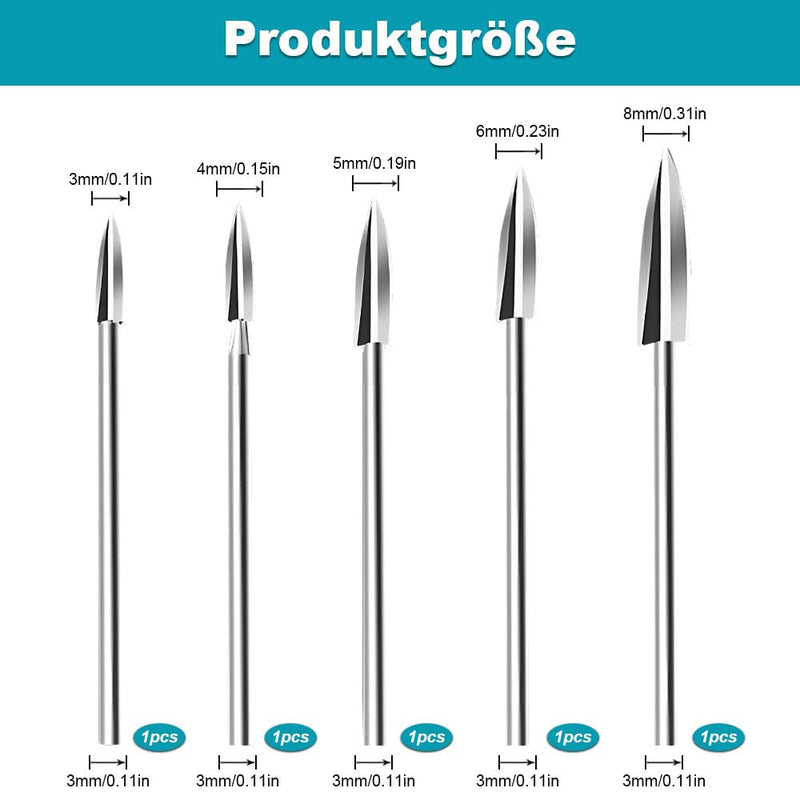 Pack of 5 HSS Wood Carving Tool Set, Compatible with Dremel & Other Rotary Tools, 3 mm Shaft for Precise Woodworking, Engraving & Drilling