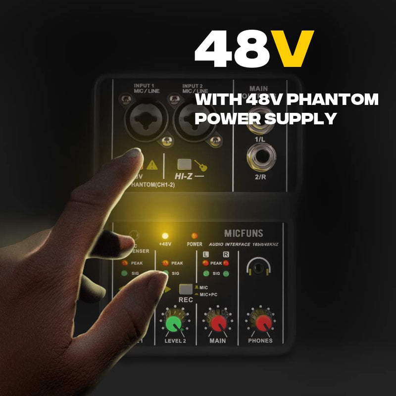 [AUSTRALIA] - Mini 2 channel audio DJ mixer console interface with 48V phantom power Combo Jack Microphone/Guitar XLR+6.35mm, 3.5mm Stereo in, Headphone Jack for studio live show,party recording 