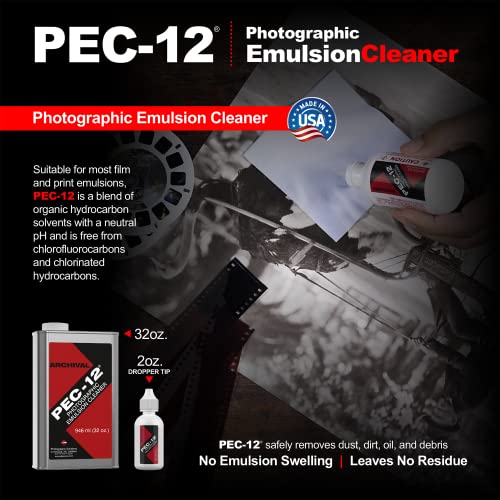 PEC-12 Photographic Emulsion Cleaner - Remove Non-Water Based Stains, Grease & Ink from Emulsions and Bases - for Cleaning 35mm Film, Photo Negative, B&W Slide with Dropper Tip (2oz) 2-Pack