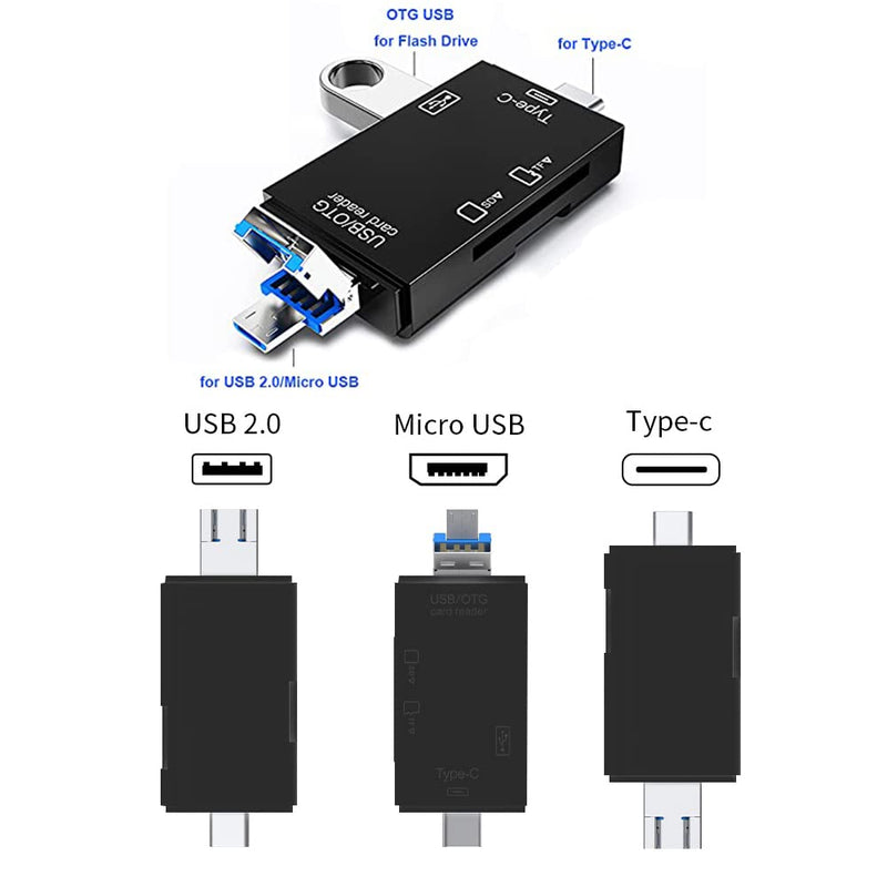 SD/Micro SD Memory Card Reader, BorlterClamp 6 in 1 USB C SD/TF Card Reader MicroUSB OTG Card Reader Compatible with PC, Laptop, MacBook, Smartphone (Black)