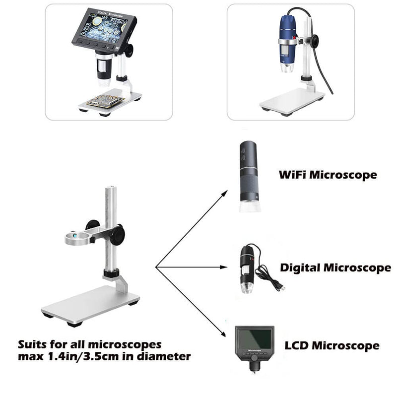 Ninyoon Universal Microscope Stand Pro, Stable Professional Aluminum Alloy Scope Base Holder Support Bracket for Max Diameter 1.4" USB Digital Wireless WiFi Microscope Endoscope Magnifier Camera Silver
