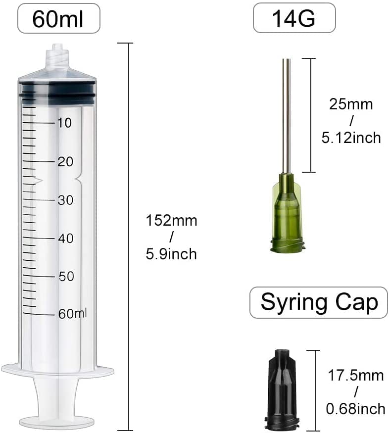 12 Plastic Syringes, 60 ml, Plastic Syringes with Cap, Dosing Syringe with Needle, Reusable Small Plastic Syringe for Liquid Measurement and Dispensing, Industrial, Animal Feeding