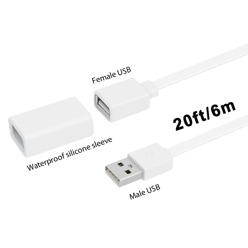 2PACK USB Extension Cable Compatible with WYZE Cam V3/V4/V2,Wyze Cam OG, WYZE Cam Pan V3/V3 Pro/ V2, 20Ft/6M IPX7 Waterproof Extension Charging Cable Power Your WYZE Cam Continuously - White 2