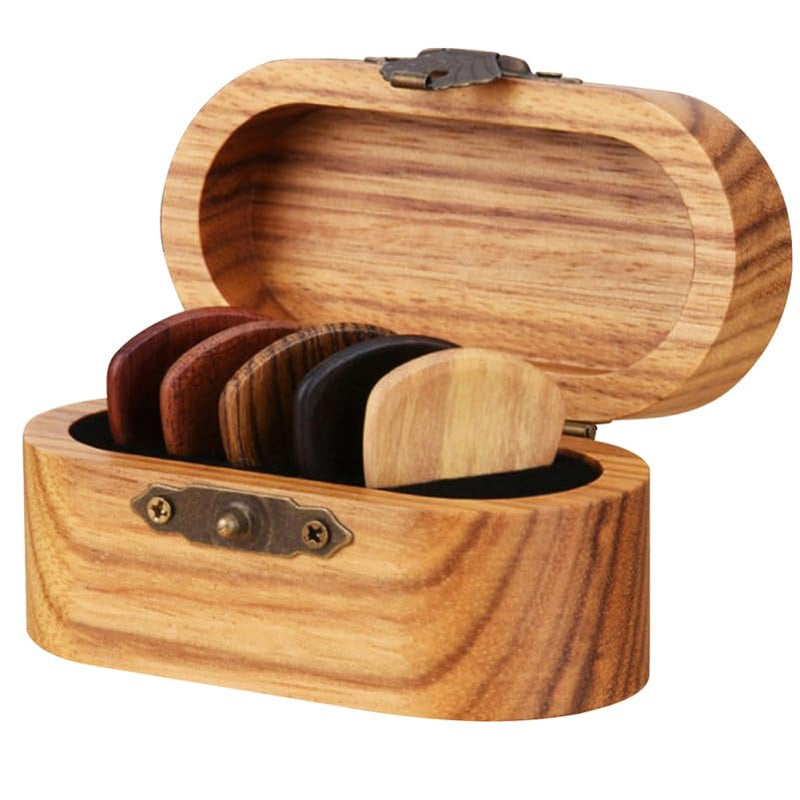 Alasum Pick Storage Box - Elegant Wooden Guitar Holder with 2 Natural Wood Picks Portable and Stylish Case for Guitar Accessories