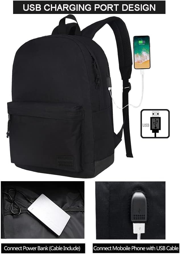SUPACOOL Lightweight Casual Laptop Backpack with USB Charging Port For for Men and Women, Daily use backpack, Backpack for College (Full Black) Full Black