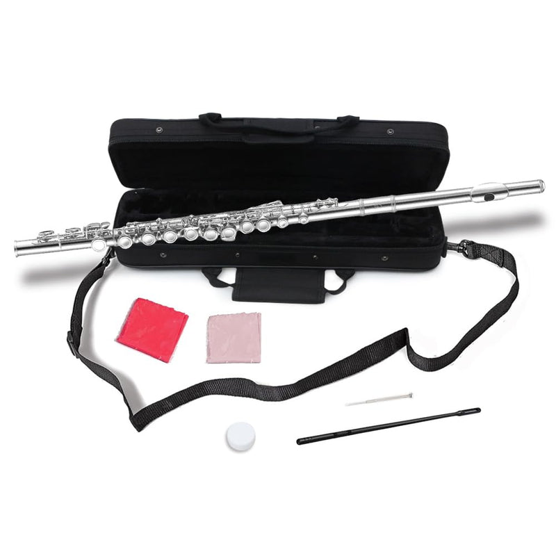 New 16 Hole C key Flute with Gloves Cleaning Rod Case Closed hole Nickel Silver Flute instrument (#silver) #silver