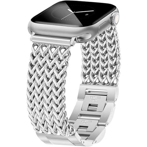 JR.DM Silver Chain Bracelet Band Stainless Steel Bracelet Strap Bundle Compatible with Apple Watch 38mm 40mm 41mm 42mm 44mm 46mm 45mm 49mm Women for iWatch Series 11/10/9/8/7/6/5/4/3/2/1/SE/Ultra