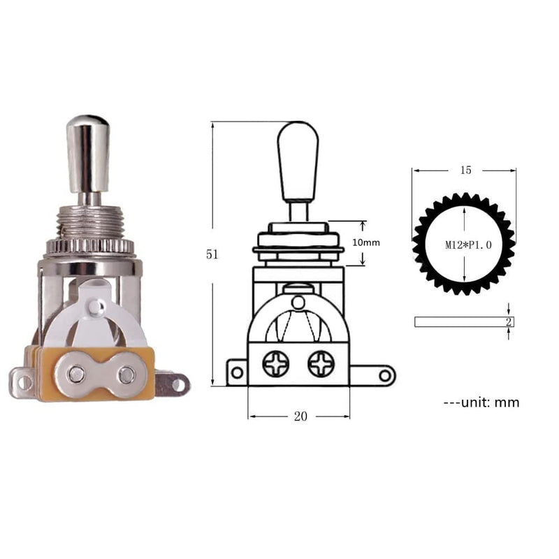 Electric Guitar 3 Way Toggle Switch Pickup Selector Switch with Brass Tip Knob (Chrome)