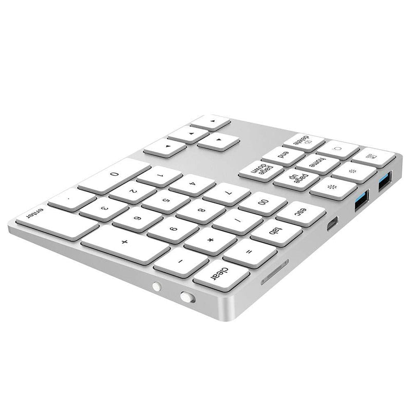 Wired/Bluetooth Numeric Keypad, Portable Wireless Bluetooth 34-Key External Number Pad with 2 USB 3.0 Interface for Computer Laptop Windows, OS, Android(Silver) Silver