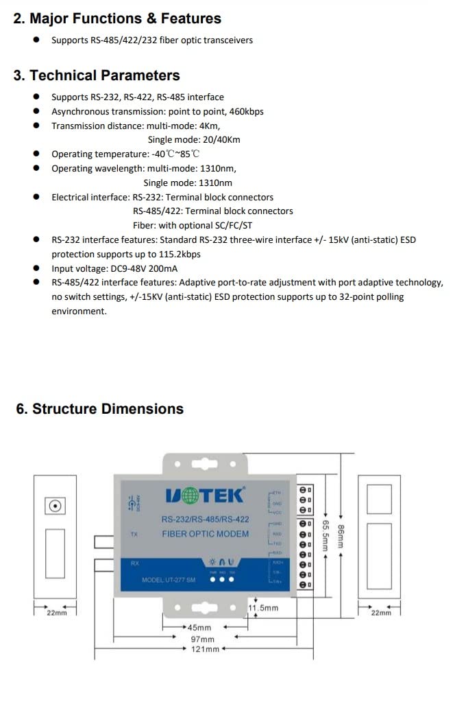 UTEK UT-277SM-ST RS-232/422/485 to Optical Fiber Media Converters