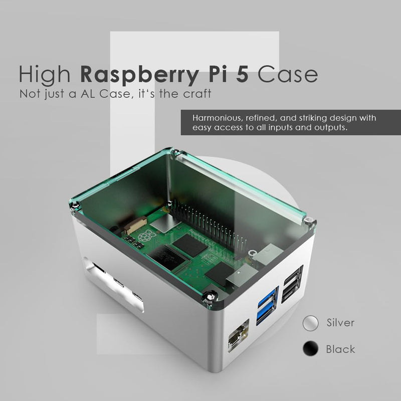 anidees Aluminum Extra High Pi case for Raspberry Pi 5 – Silver (AI-PI5-SG-H)