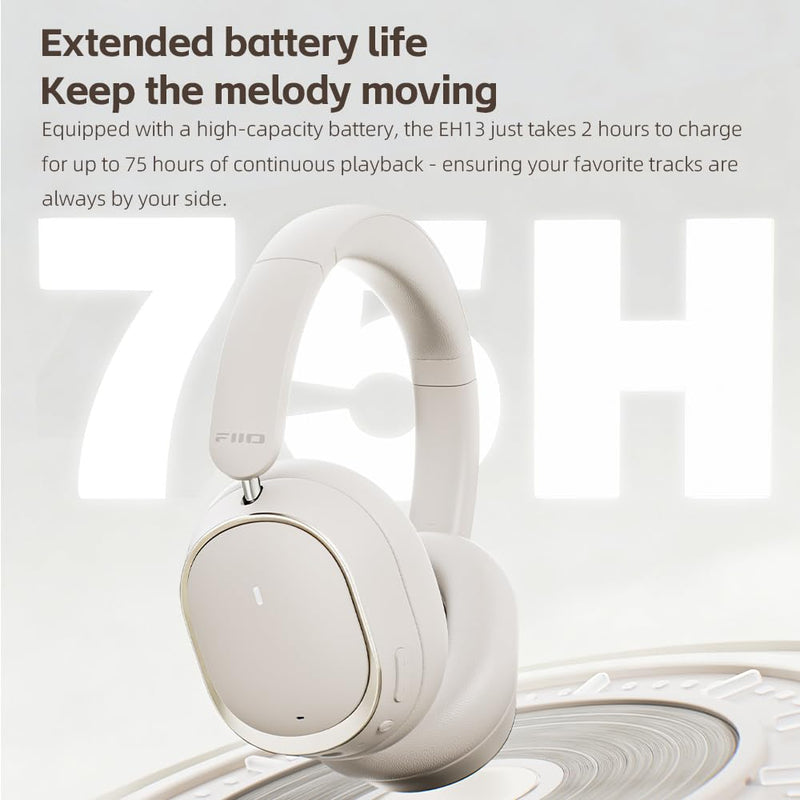 FiiO EH13 Wireless Bluetooth Noise Cancelling Over-Ear Headphones, 42dB Hybrid ANC, 45H Playtime, Foldable for Travel, Work & Commuting (Off-White) Off-White