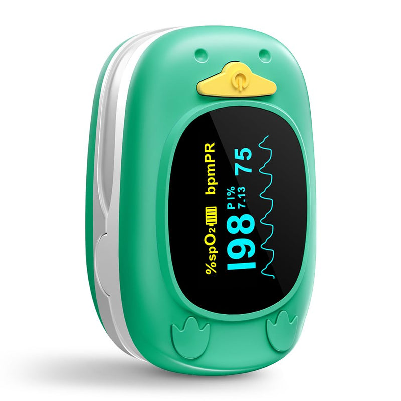 Paediatric Pulse Oximeter, HOLFENRY Oxygen Saturation Meter Finger for Children Pulse Oximeter Finger Oximeter Child-friendly Design Monitoring of SpO2, PI, Heart Rate grass green