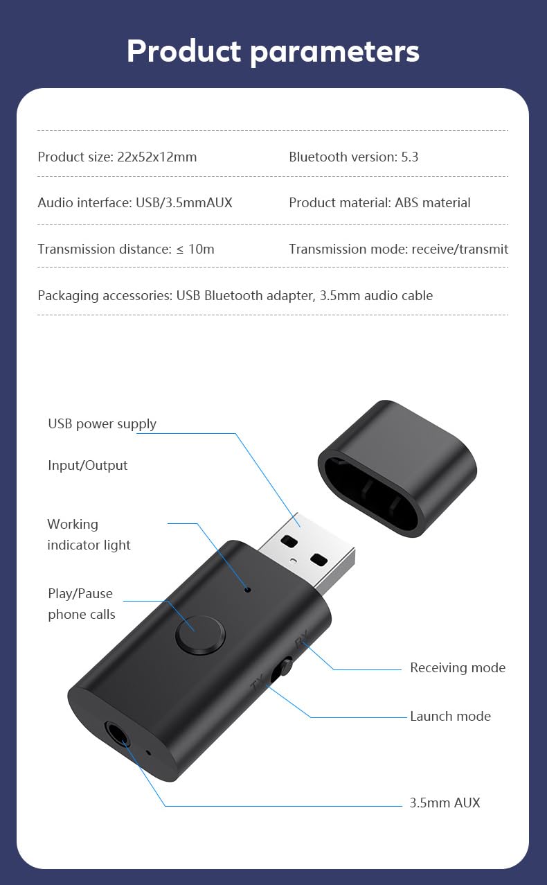 Bluetooth 5.3 Transmitter Receiver, 3.5mm Aux Wireless USB Adapter, Low Latency, Built in Mic, Music Streaming, Handsfree Calls, Driver Free- for TV, PC, Home/Car Stereo, Headphones, Speakers