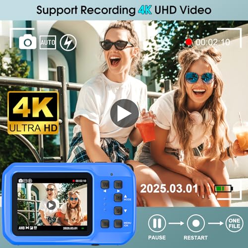 4K Underwater Camera, 64MP 16FT Waterproof Camera, 16GB Card, Blue