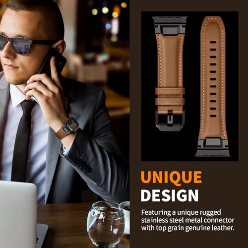 Leather Bands Compatible with Apple Watch Ultra 3/2/1 Band 49/46/45/44/42mm Men, Genuine Leather Metal Connector Strap for iWatch Ultra Series 11/10/9/8/7/SE/6/5/4, Black/Black+Light Brown/Black