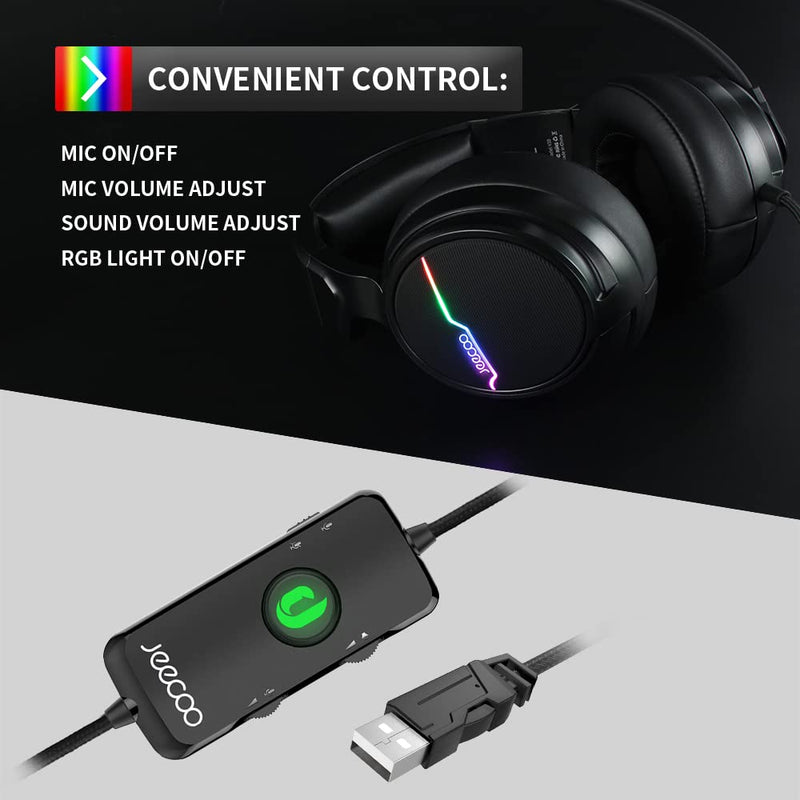 Jeecoo USB Pro Gaming Headset for PC - 7.1 Surround Sound Headphones with Noise Cancelling Microphone- Memory Foam Ear Pads RGB Lights for Laptops