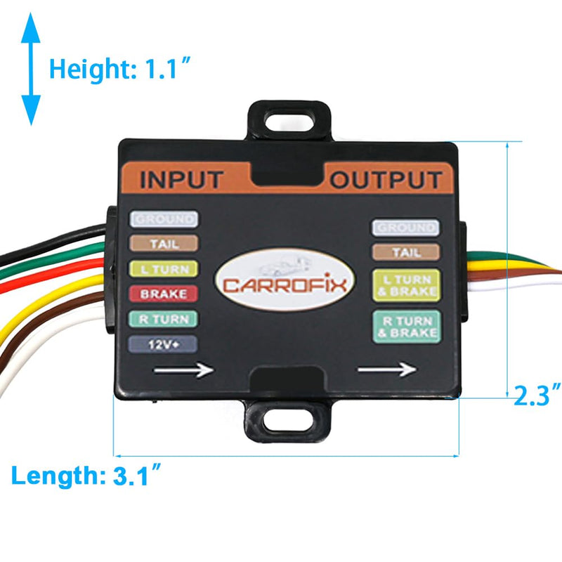 Powered 3-to-2-Wire Trailer Tail Light Converter with 1.5ft Leads and 4.8ft 4-Way Wiring Harness Connector - LED Compatible