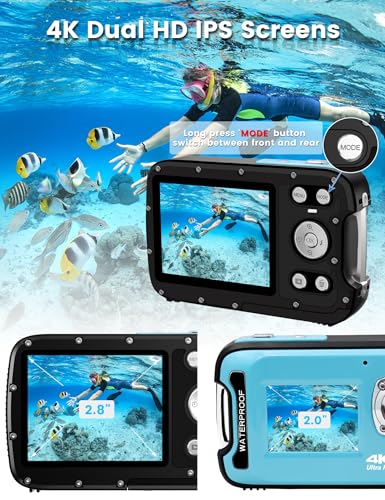 Underwater Camera 4K 48MP Autofocus Selfie Dual Screen Waterproof Camera with Floating Strap and 32GB Card, 17FT Compact Waterproof Digital Camera, Fill Light Underwater Camera for Snorkeling