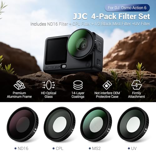 JJC 4 Pcs Filter Set for DJI Osmo Action 6,UV CPL ND16 Black Diffusion 1/2 CPL+ND16+Black Diffusion 1/2+UV