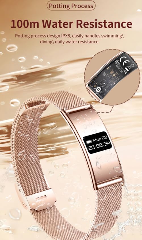 Smart Bragelet Health &-Fitness-Tracker with Stress Management, Workout Intensity, Sleep Tracking, 24/7 Heart Rate and More, Midnight Black/Rose Gold (Mesh Gold) Mesh Gold
