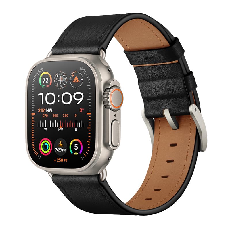 OUHENG Compatible with Apple Watch Band 42mm(Series 10) 41mm 40mm 38mm, Genuine Leather Band Replacement Strap Compatible with Apple Watch (Black+Black/Titanium)