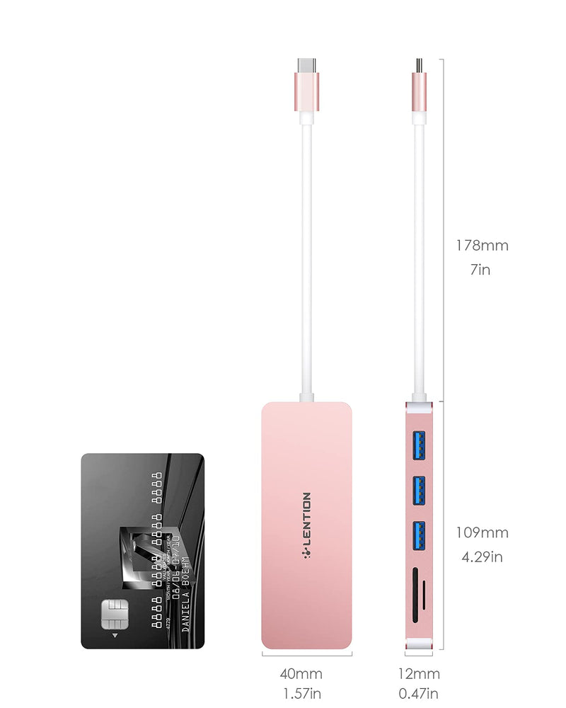 LENTION USB C Hub with 3 USB 3.0 & SD/Micro SD Card Reader Compatible 2022-2016 MacBook Pro, New Mac Air/iPad Pro/Surface, More, Stable Driver Certified Type C Adapter (CB-C15, Rose Gold)
