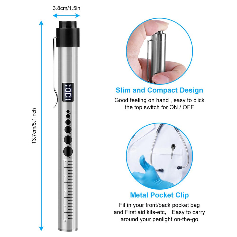 Flintronic Upil Light Medicine, 1 Piece Diagnostic Light with Digital Display, Pupil Meter and Ruler, Rechargeable USB LED Pen Lamp for Nurses, Students, Doctors (Silver) Type-c silver 1pc