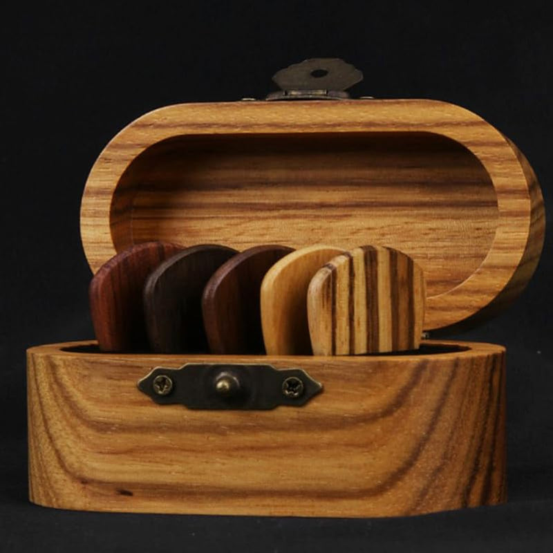 Alasum Pick Storage Box - Elegant Wooden Guitar Holder with 2 Natural Wood Picks Portable and Stylish Case for Guitar Accessories