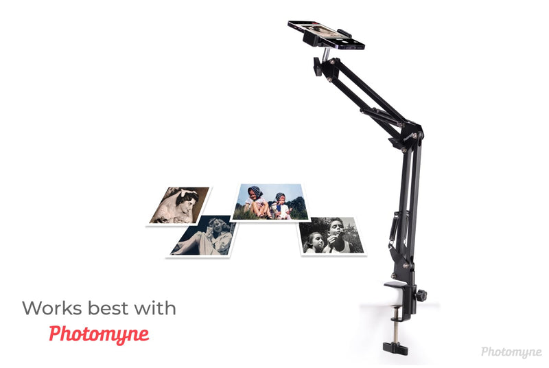 [AUSTRALIA] - PHOTOMYNE Sturdy Flexible Phone Holder for Desk, Table, Office, Kitchen with Clamp for Photo Album Scanning, iPhone Holder for Desk- Black 