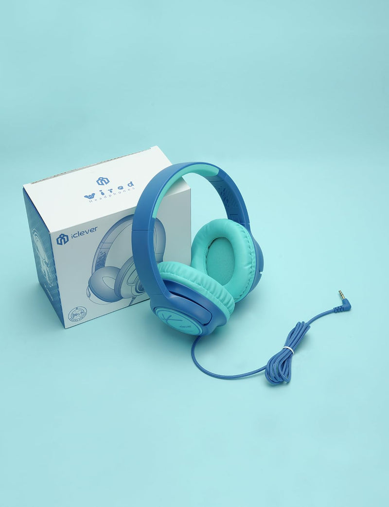 iClever Kids Headphones with Cord, 85dBA Safe Volume Wired Headphones for Kids, Stereo Sound Foldable Adjustable, 3.5mm Jack, Over Ear Kids Headphones for School/Boys/Girls/iPad/Tablet/Travel, Blue