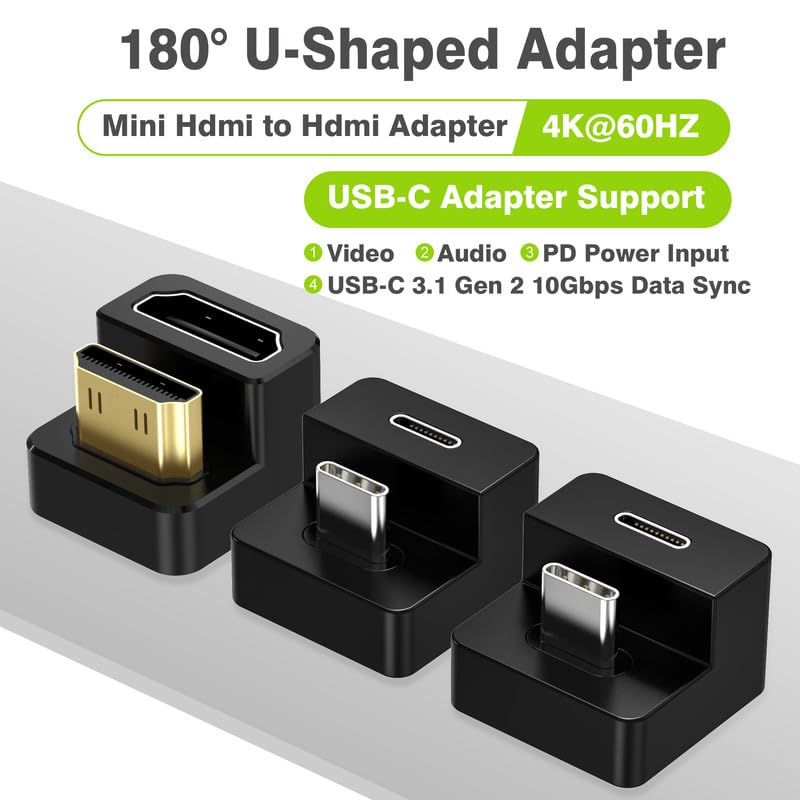 AGVEE 180 Degree Angled USB-C to USB-C Adapter and Long Side Inward U-Shaped Mini HDMI to HDMI Converter, HDMI 2.0 4k@60HZ, Coupler Extender Extension for Portable Display Monitor, Black