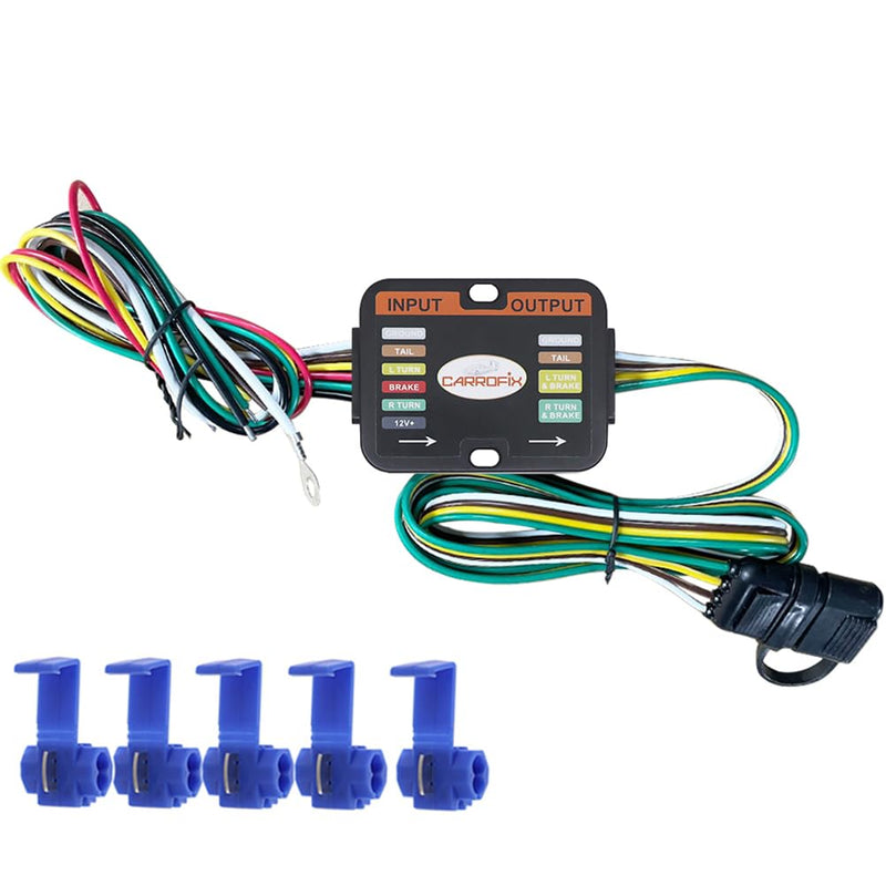 Powered 3-to-2-Wire Trailer Tail Light Converter with 1.5ft Leads and 4.8ft 4-Way Wiring Harness Connector - LED Compatible