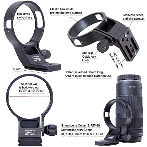 iShoot Metal Lens Collar Tripod Mount Ring Compatible with Canon RF 100-400mm f/5.6-8 is USM, Lens Support Holder Bracket Bottom is Arca-Swiss Fit Quick Release Plate Dovetail Groove