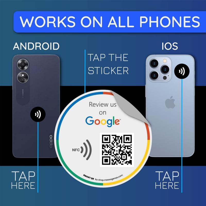 Reusable Review Tap Sticker for Google Reviews - 10-Stickers Pack - QR & Tap NFC Sticker - Review Us on Google Tap Sticker - iPhone & Android - Boost My Reviews Sticker - Set Up at Home | MESSAGENES