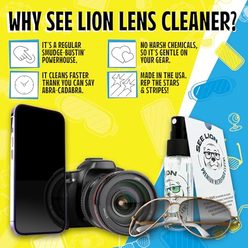 See Lion Premium Lens Cleaner Kit | Safe for Glasses, Camera Lenses, Screens, and Optics - Streak-Free Formula with Microfiber Cloth | 30ml / 1oz Travel Size
