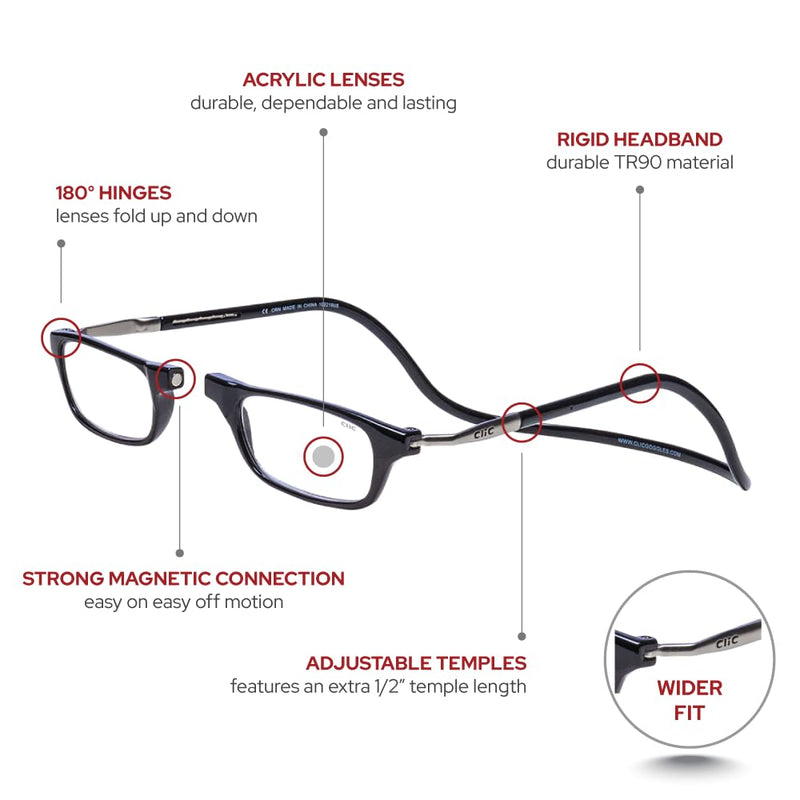 Clic Magnetic Reading Glasses (Long Temples), Computer Readers, Replaceable Lens, Original Long, (M-L, Black, 2.50 Magnification) 2.5 x